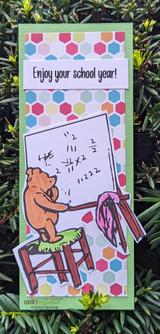 Slimline card of the bear at his easel on polka-dot paper, with "Enjoy your school year!"