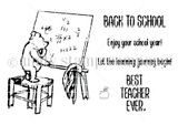 Red rubber stamp of Winnie the Pooh standing on a stool at a chalkboard of arithmetic beside a giant pencil, with sentiments reading 'Best teacher ever', 'back to school' and 'Let the learning journey begin'.