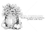 Line-art stamp sheet: barrel overflowing with autumn flowers and 'sending autumn's embrace, filled with love'.