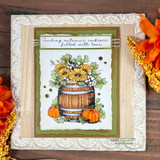 Sunflower barrel on a layered green-and-cream card, autumn embrace sentiment.