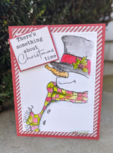Card with the colorful snowman and a smaller framed image, red striped paper, holiday sentiment