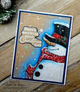 Tall card with the snowman over a blue starry panel, red border, winter greenery