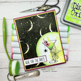 Starry moon background colored dark green with a martini and 'here for the boo's' sentiment on the sample.