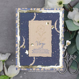 Starry moon background in muted navy with a zodiac 'Virgo' sentiment shown on the sample card.