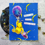 Bright blue starry moon background with Winnie the Pooh floating on a balloon shown on the sample.