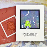 Galaxy-colored starry background behind a little monster with 'Happy Birthday (you little monster)' shown on the sample.