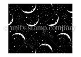 Red rubber background stamp of a night sky filled with crescent moons and stars, shown in black on a white background.