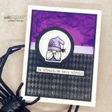 Handmade card with a purple wizard gnome and the sentiment 'Be afraid...be very afraid' on a black harlequin diamond background.