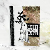 Collage card of the little ghost with bat bouquet on mossy patterned paper with black lace trim