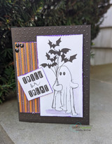 Brown polka-dot card of the ghost with purple bats and 'trick or treat' squares