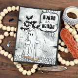 Grey web-textured card of the ghost and bats with 'trick or treat' speech bubble and wooden bead garland