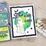 Distress Oxide green splash card of the ghost holding bats, 'trick or treat'