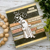 Halloween word-strip card of the ghost with bat bouquet over 'scared' and 'ghoulfriend' spooky phrases