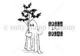 Red rubber stamp art of a sweet sheet ghost clutching a bouquet of bats with 'trick or treat'