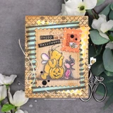 Halloween card with the Winnie the Boo & Piglet red rubber set: Pooh dressed as a bee holding a jack-o'-lantern with Piglet, on vintage striped papers with a 'Happy Halloween' sentiment.