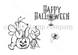 The Winnie the Boo & Piglet red rubber stamp set: line-art of Pooh in a bee costume holding a jack-o'-lantern, Piglet, a bee, and the 'Happy Halloween' sentiment.