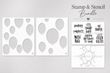 Bevy of Balloons stamp and stencil bundle: two balloon layering stencils beside the sentiment stamps 'HOORAY', 'CONGRATS', 'IT'S YOUR DAY', 'OH BABY!', 'WISH BIG!', 'HAPPY BIRTHDAY TO YOU!' and 'LET'S CELEBRATE!' with a balloon cluster background stamp.