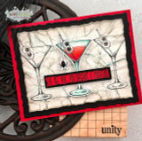 Card with three eyeball martinis on crackled paper and 'eye see you. you deserve a cocktail.'