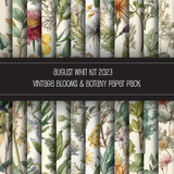 Cover of the Vintage Blooms & Botany paper pack, muted vintage botanical and floral illustrations in soft greens and blush, labeled 'Vintage Blooms & Botany Paper Pack'.