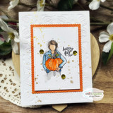 Angie Blom's Planner Gal cradles a pumpkin with 'happy fall,' a petite itty bitty red rubber stamp shown on an autumn card.