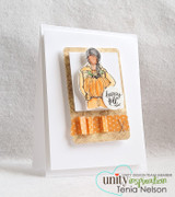 Angie Blom's Planner Gal cradles a pumpkin with 'happy fall,' a petite itty bitty red rubber stamp shown on an autumn card.
