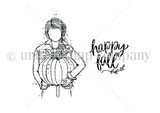 Line-art stamp sheet: Angie Blom's Planner Gal holding a pumpkin with 'happy fall' itty bitty red rubber stamp, Unity Stamp Co.