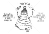 Line-art stamp of a snowman bundled in a knit hat and long scarf with 'Winter's here and my heart is full of warmth because of you.'