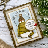Vintage-framed card with the green-scarf snowman and 'Winter's here and my heart is full of warmth because of you.'