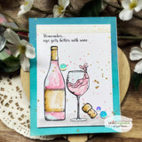 Card with a watercolored wine bottle and pink-filled glass and 'Remember... age gets better with wine.'