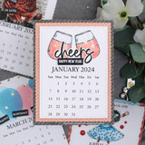 Calendar card with two pink 'cheers' toasting glasses over a January 2024 grid.