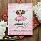 Pink circle card of the twirling girl in a pink dress: 'Something wonderful is happening today!'