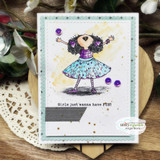 Card with the girl in a blue polka-dot dress, arms up, and 'Girls just wanna have FUN!'
