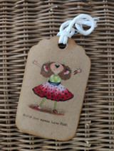 Kraft gift tag with the little girl in a colorful dress and 'Girls just wanna have FUN!'
