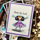 Card with the girl in a purple polka-dot dress and 'Praise the Lord!' in a lavender frame.