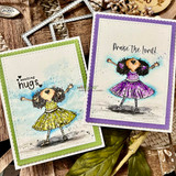 Two cards side by side: the girl in green and purple dresses with 'sending hugs' and 'Praise the Lord!'