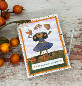 Autumn card of the girl in a navy dress tossing leaves, with 'Fill your heart with JOY!'