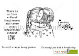Line-art stamp of two girls hugging with 'sending hugs,' 'You will always be my person' and 'I'm sorry you had a tough day.'
