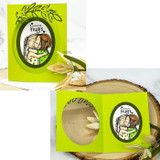 Two lime cards with the hugging girls framed in ovals with greenery and 'sending hugs.'