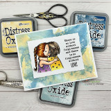 Card with the hugging girls over a blue-and-gold ink panel and 'There is no love without forgiveness.'
