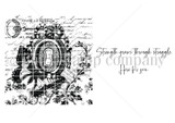 Stamp sheet for Strength Through Struggle: a distressed collage of a skeleton key, ornate keyhole medallion, swallowtail butterfly and leafy sprigs over French script, plus the sentiments 'Strength grows through struggle.' and 'Here for you.'