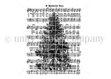 Line-art stamp of a Christmas tree layered over a sheet-music background - A Wonderful Tree.