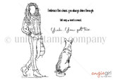 Red rubber stamp sheet: a tall AngieGirl in a scarf, jacket and boots walking with a small dog, plus script sentiments about embracing the chaos and 'You've got this'.
