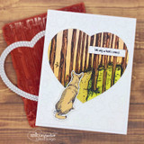 Red heart-shaped card with the little dog stamped inside a woodgrain heart and a small sentiment strip.