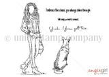 Red rubber stamp sheet: a tall AngieGirl in a scarf, jacket and boots walking with a small dog, plus script sentiments about embracing the chaos and 'You've got this'.