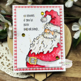 White card with a red speckled frame and gold gems: Santa in red beside “HE KNOWS if you've been BAD OR GOOD.”