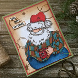 Card with the plaid Santa in a red hat cradling his coffee, stamped 'Java Merry Christmas.'