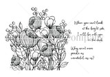 Line-art stamp sheet: Angie Blom's sketchy bloom bouquet with 'When you can't look at the bright side, I will be with you in the dark,' Unity Stamp Co.