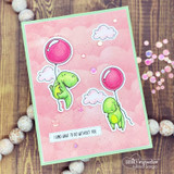 Pink cloud card with two green dinosaurs on pink balloons above 'I dino what I'd do without you.'