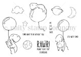 Red rubber stamp sheet with three cheerful dinosaurs riding and clinging to balloons among a cloud, a planet, a moon, a star and the earth, plus sentiments reading 'It's party time' and 'I dino what I'd do without you'.