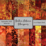 Golden Autumn Whispers 6x6 paper pack — richly colored autumn leaf prints in gold, orange, red and deep brown.